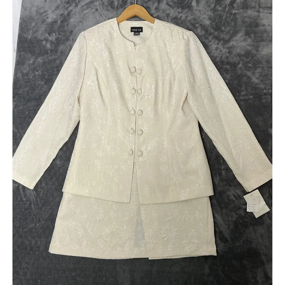 Vintage Leslie Fay Skirt Suit 12 Ivory Floral Jacquard NOS Mother of Bride